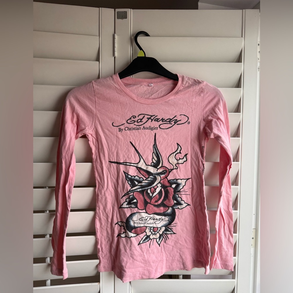 Ed Hardy Pink Graphic Long Sleeve Shirt y2k